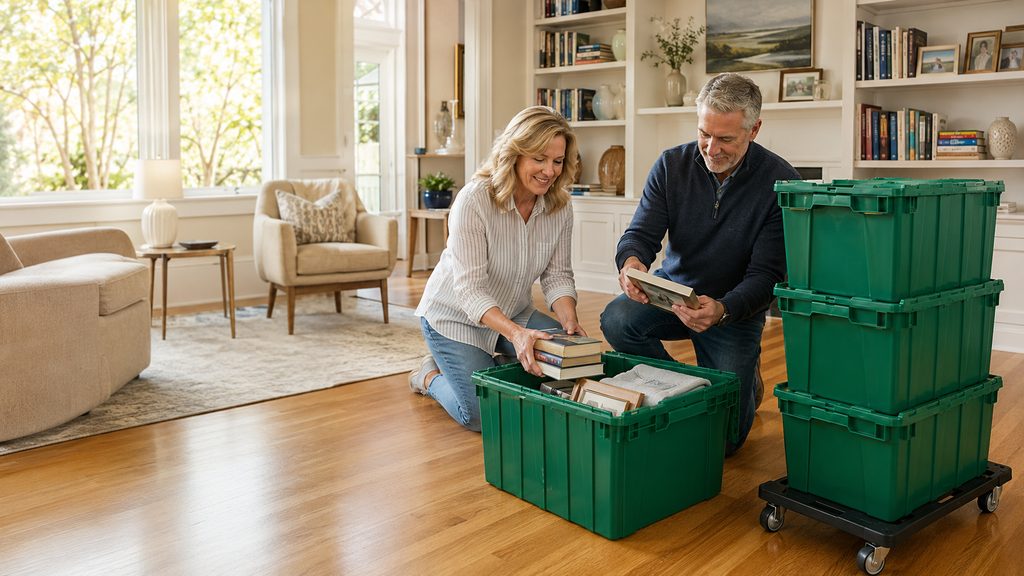 Couple packing books into a reusable moving crate in a Charlotte home