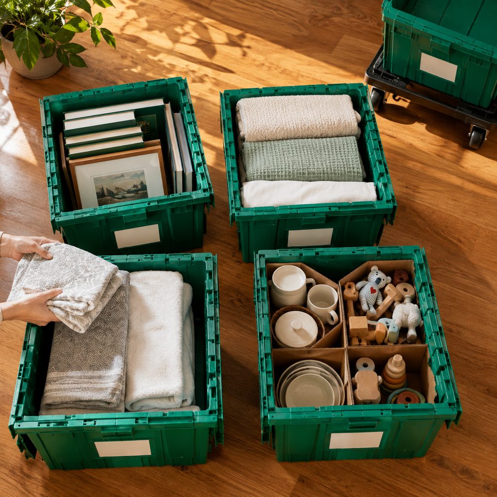 Four reusable moving crates packed with framed art, linens, dishes and toys