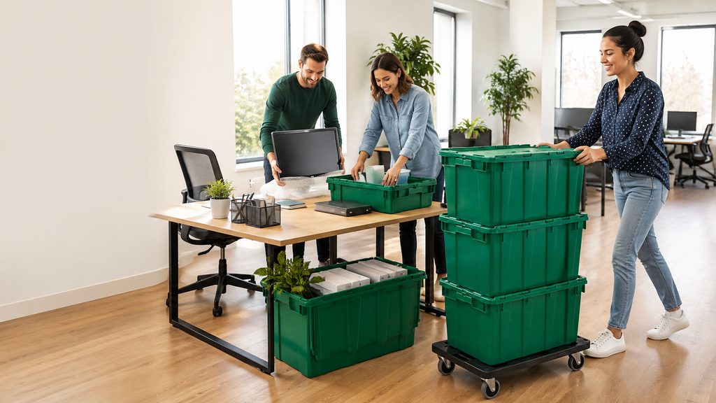Office team packing desks into reusable moving crates during a Charlotte office relocation