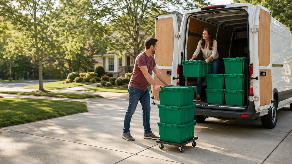 Loading empty green moving crates back into the Queen City Crates van