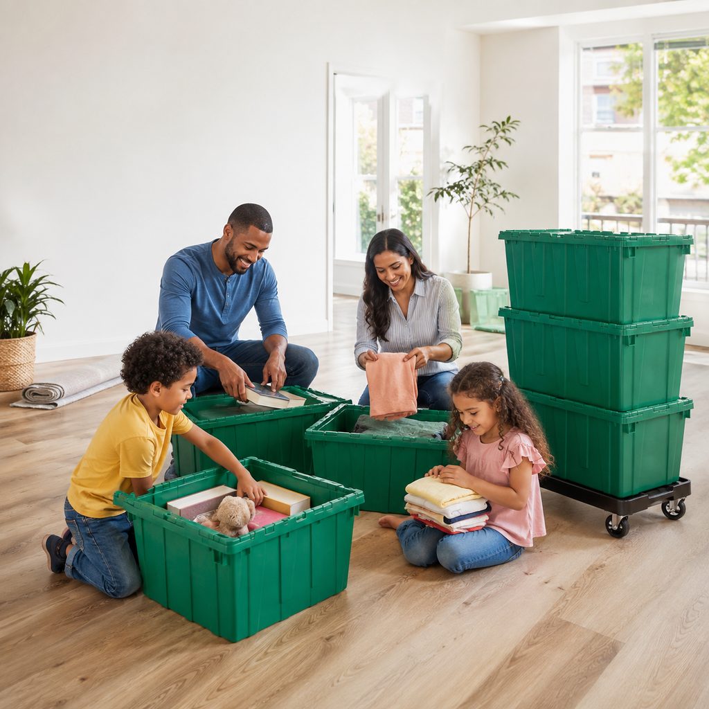 Family with young children packing reusable moving crates together
