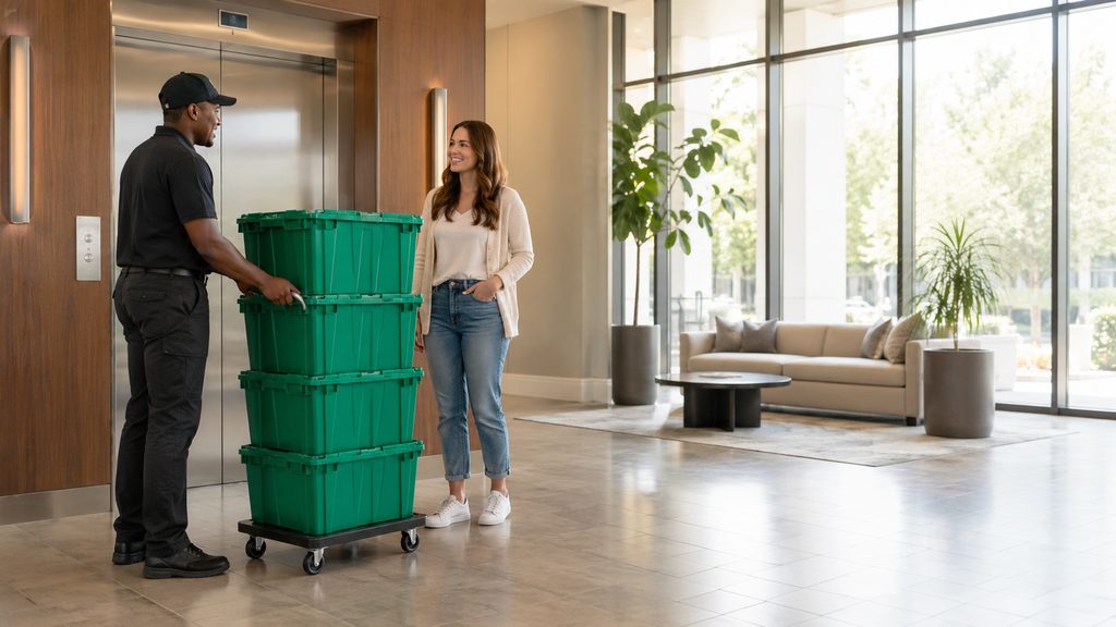 Crates delivered to an office lobby elevator in Uptown Charlotte