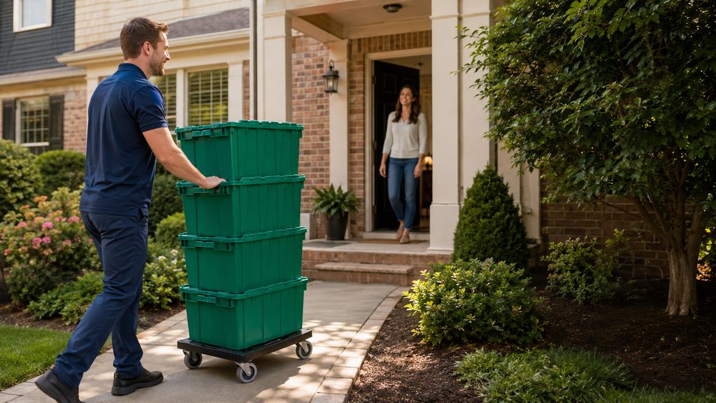 Queen City Crates driver wheeling a stack of green moving crates to a front door