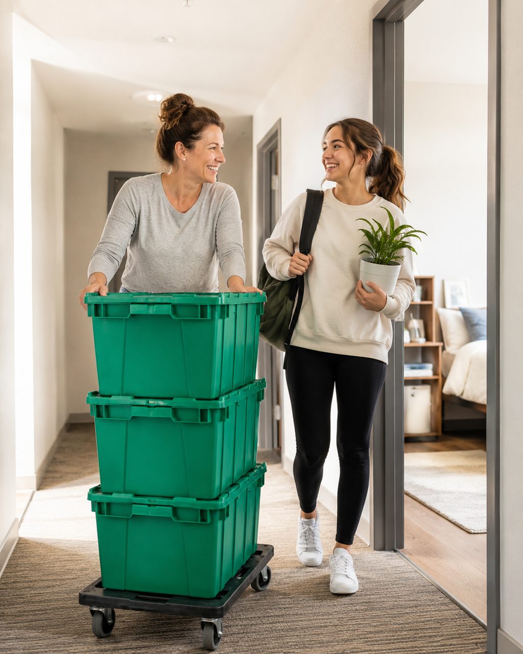 Rolling a stack of moving crates down an apartment hallway on a dolly