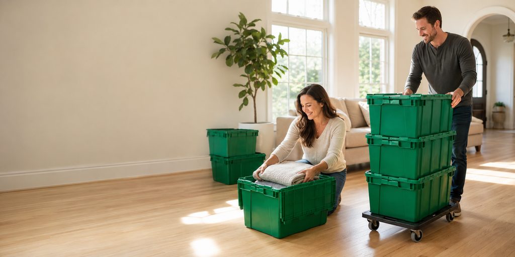 A couple starting to pack reusable moving crates in a bright living room