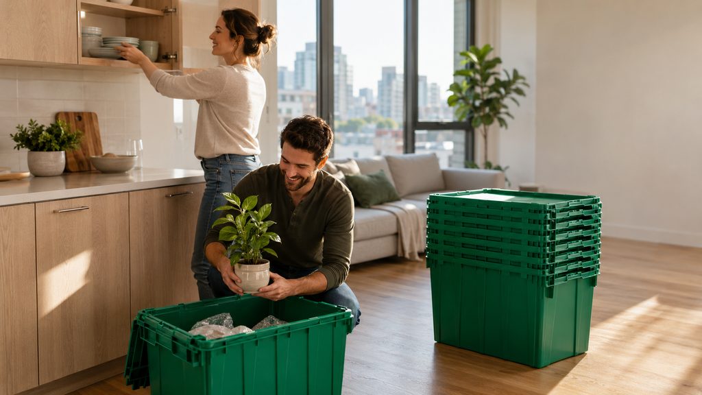 Couple unpacking moving crates in a new Charlotte apartment kitchen