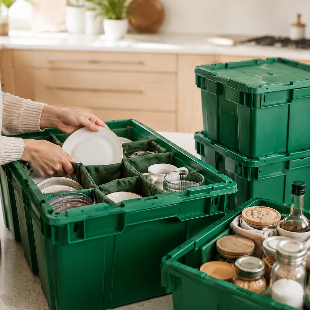 Packing plates and glassware into a reusable moving crate with padded dividers
