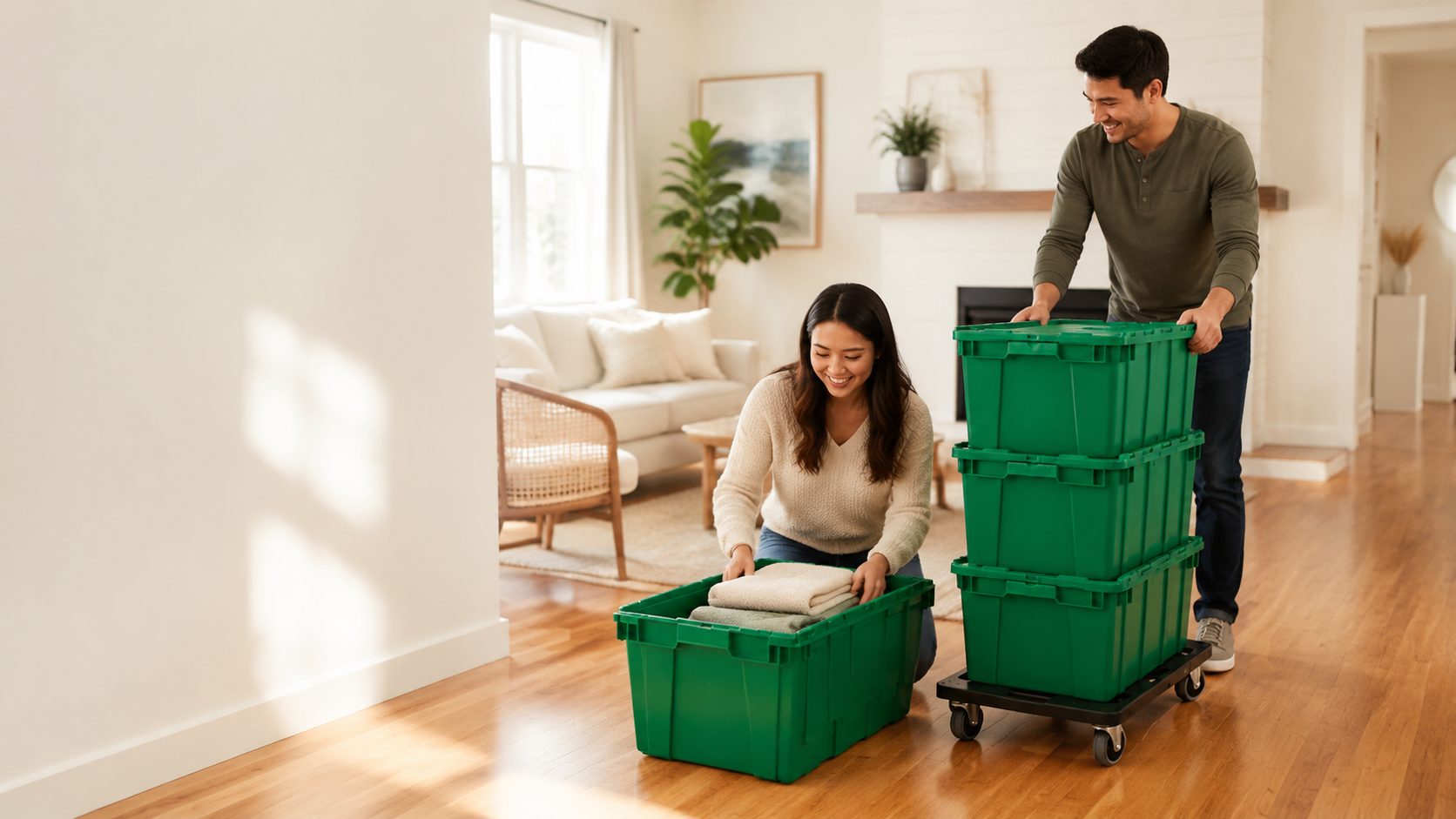 Couple loading reusable moving crates onto a dolly in their living room