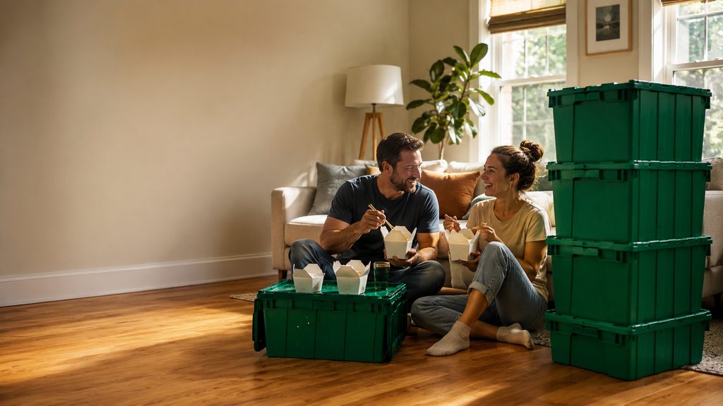 Couple eating takeout on a moving crate on their first night in a new home